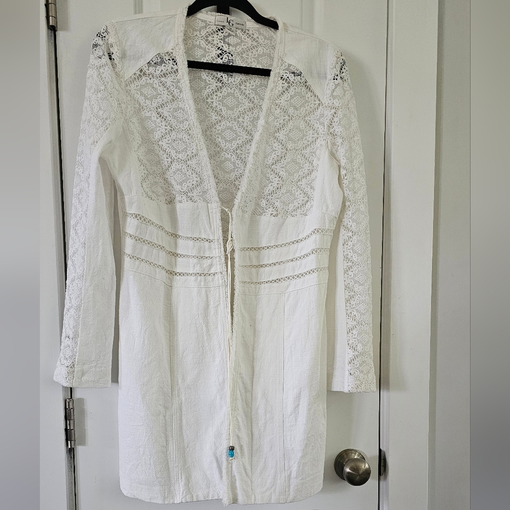 Lena Gabrielle White Lace Linen Cotton Tie Front Jacket Women Size‎ 10 Romantic